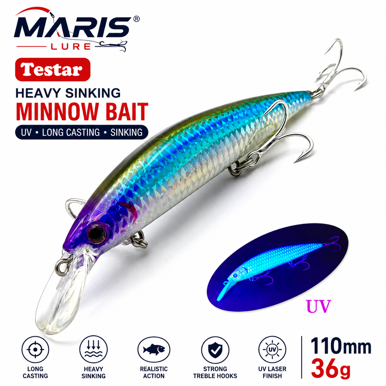 Mồi câu cá Testar 110mm 36g chìm nặng UV, mồi Jerkbait chìm ném xa 110S nhân tạo Laser Nhật Bản, mồi câu cá Pesca
