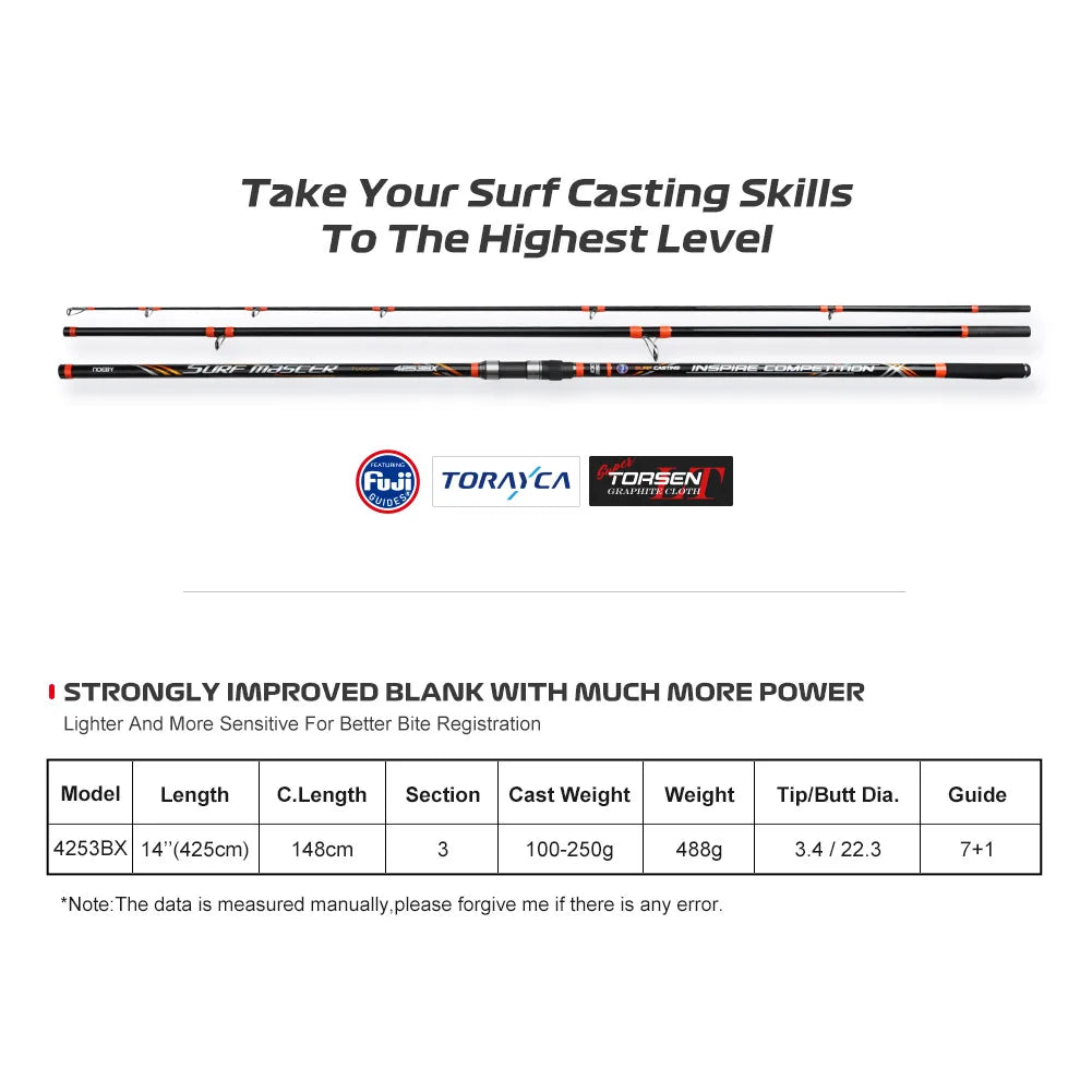 NOEBY Surf Master 4253BX Surf Casting Rod 4.25m, 3-Piece Carbon, 100–250g